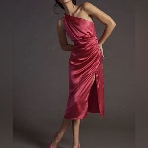 Anthropologie Pink One-Shoulder Silk Midi Dress